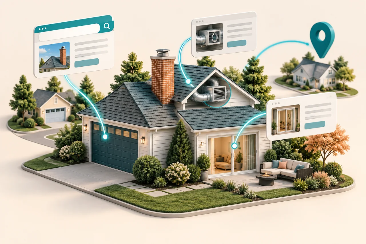 Home service search visibility illustrated through a neighborhood connected to search pages and a local map pin